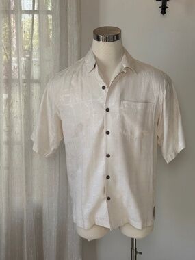 Vintage St. John's Bay Silk Camp Shirt Ivory White Island Scene Jacquard Men's S